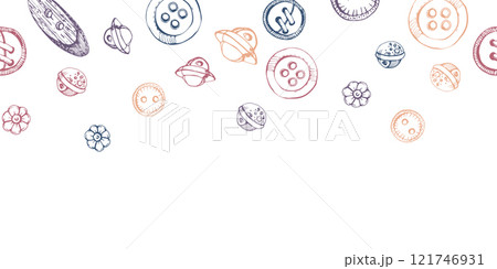 Sewing craft embroidery supplies. Plastic wooden flat round clothes buttons fasteners. Hand drawn ink vector illustration. Isolated seamless banner. Design boutique atelier, tailor, hobby shop. Sewing craft embroidery supplies. Plastic wooden flat round clothes buttons fasteners. Hand drawn ink vector illustration. Isolated seamless banner. Design boutique atelier, tailor, hobby shop. 121746931