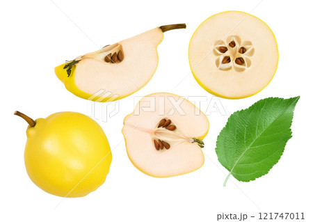 Fresh quince with half and slices isolated on the white background with full depth of field. Top view. Flat lay 121747011