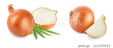 yellow onion with green onion isolated on white background close up 121747013