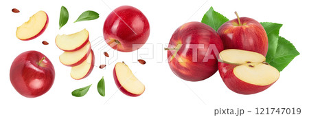 Red apple with slices isolated on white background. Top view. Flat lay. Set or collection 121747019