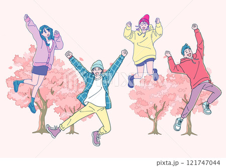 桜並木を背景にジャンプする若い人たち 桜並木を背景にジャンプする若い人たち 121747044