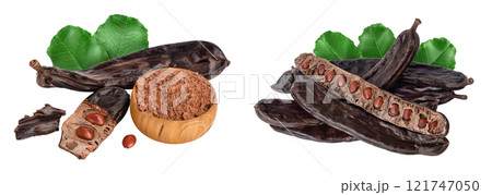 Carob pod and powder in wooden bowl isolated on white background with full depth of field. 121747050