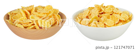 Cornflakes in wooden and ceramic bowl isolated on white background. 121747071