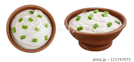 sour cream or yogurt in ceramic bowl isolated on white background with full depth of field. Top view. Flat lay 121747073
