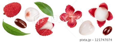 lychee fruit isolated on white background with full depth of field. Top view. Flat lay 121747074