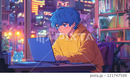 アニメ風のノートパソコンと女の子	 121747589