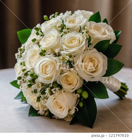 Elegant white rose bouquet on wooden table  121747610