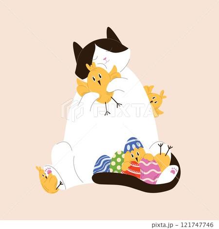 Cute tuxedo cat cuddling yellow chicks and surrounded by colorful Easter eggs in flat style. Perfect for spring, Easter themed design and holiday decoration. Cute tuxedo cat cuddling yellow chicks and surrounded by colorful Easter eggs in flat style. Perfect for spring, Easter themed design and holiday decoration. 121747746