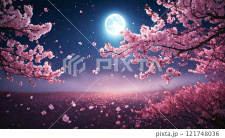 満月の月明かりに照らされ、花びらが舞い散る満開の夜桜のイラスト 満月の月明かりに照らされ、花びらが舞い散る満開の夜桜のイラスト 121748036