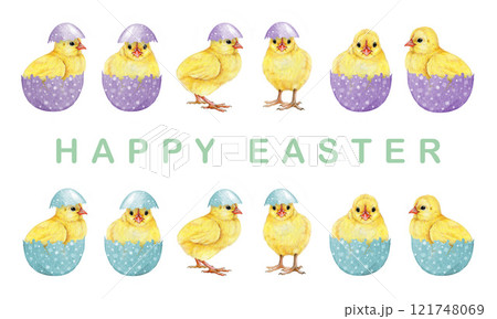 Cute yellow chicks with colored eggs Easter mood collection on white background. Hand drawn illustration. Perfect for Easter decor designs, spring decor, kids projects and rustic-themed art 121748069