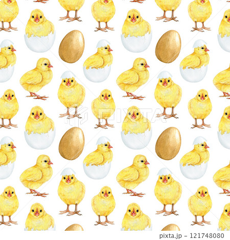 Cute yellow chicks, eggs seamless pattern hand-painted illustration in vintage style on a white background. Perfect for Easter designs, spring decor, baby showers, kids projects and rustic-themed art Cute yellow chicks, eggs seamless pattern hand-painted illustration in vintage style on a white background. Perfect for Easter designs, spring decor, baby showers, kids projects and rustic-themed art 121748080