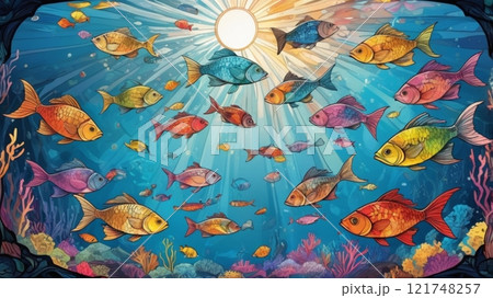 海の生き物のような熱帯魚の群れが泳ぐベクターイラスト 121748257