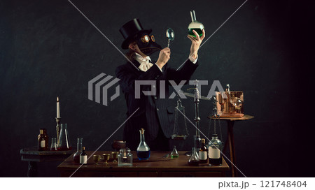 Plague doctor exam green liquid in flask, blending science fiction with historical themes in vintage laboratory against dark mystery background. 121748404