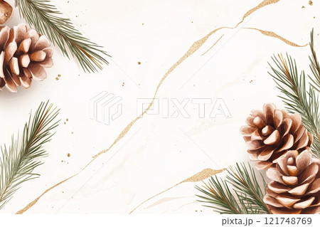Elegant gold line art depicting pinecones with pine branches on a light background for seasonal decor and design Elegant gold line art depicting pinecones with pine branches on a light background for seasonal decor and design 121748769