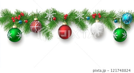 Cheerful Christmas ornament border featuring colorful baubles and festive decorations with pine needles Cheerful Christmas ornament border featuring colorful baubles and festive decorations with pine needles 121748824