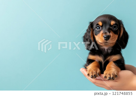 Dachshund puppy resting comfortably in a veterinarians hands in a bright clinic Dachshund puppy resting comfortably in a veterinarians hands in a bright clinic 121748855