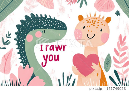 Cute dinosaur illustration expressing love with playful heart design and whimsical characters 121749028
