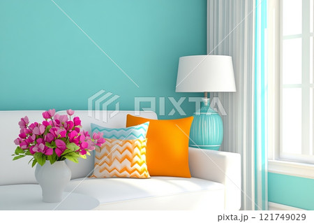Stylish living room with teal walls and cream furniture featuring colorful pillows and decorative elements 121749029