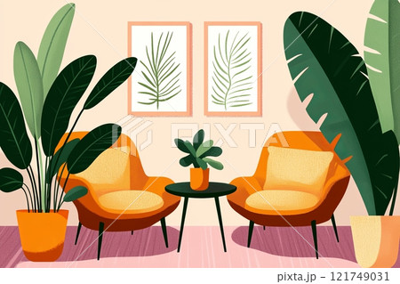 Cozy minimalist living room with soft furnishings and large indoor plants in natural light Cozy minimalist living room with soft furnishings and large indoor plants in natural light 121749031