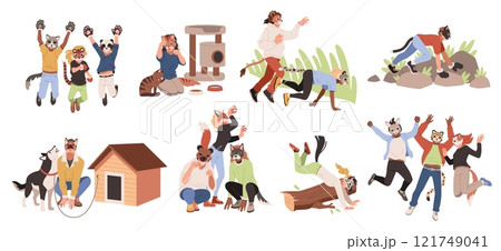 Cartoon quadrobbers characters. People imitate animals, behavior and habits, pets, wildlife cosplay, active outdoor games, happy friends playing, artistic expression, isolated tidy vector set Cartoon quadrobbers characters. People imitate animals, behavior and habits, pets, wildlife cosplay, active outdoor games, happy friends playing, artistic expression, isolated tidy vector set 121749041