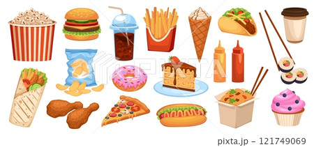 Cartoon street food. Fast, junk meal, deep fried snacks, high cholesterol, obesity, pizza and burger, hot dog, french fries, chips, sweet cake and ice cream, sushi and popcorn tidy vector set 121749069