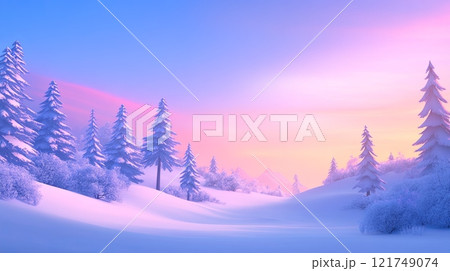 Serene sunrise over a snowy mountain landscape with soft pink and blue skies and snow-covered trees Serene sunrise over a snowy mountain landscape with soft pink and blue skies and snow-covered trees 121749074