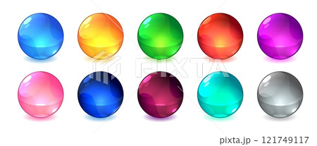 Color marbles. Shiny glossy game asset, multicolored glass balls, transparent colored spheres, cartoon 3d toys, multicolored bubbles shots items, buttons tidy vector realistic isolated set Color marbles. Shiny glossy game asset, multicolored glass balls, transparent colored spheres, cartoon 3d toys, multicolored bubbles shots items, buttons tidy vector realistic isolated set 121749117