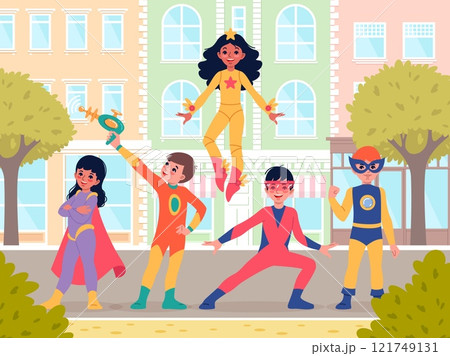 Cute children superheroes on city street. Kids play outdoors, colored jumpsuits and capes, young owners of super abilities, smiling boys and girls, cartoon flat isolated vector poster 121749131
