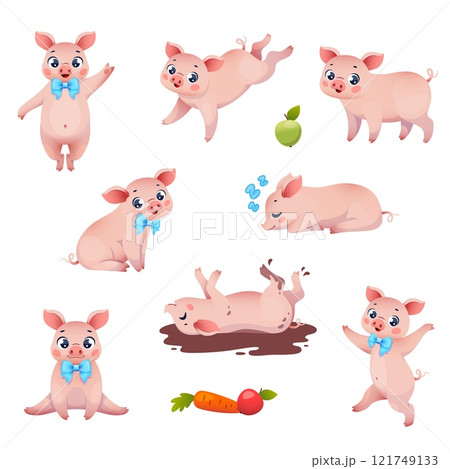 Cute little pink pigs. Cartoon farm animals characters, different actions, poses and emotions, funny kids pet mascot, sticker pack. Domestic mammals, childish creature, vector isolated set 121749133