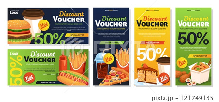 Discount coupons for street food. Fast food sale vouchers template, french fries, burgers, pizza and cake, junk meal, advertising banner design, cartoon flat isolated tidy vector set Discount coupons for street food. Fast food sale vouchers template, french fries, burgers, pizza and cake, junk meal, advertising banner design, cartoon flat isolated tidy vector set 121749135
