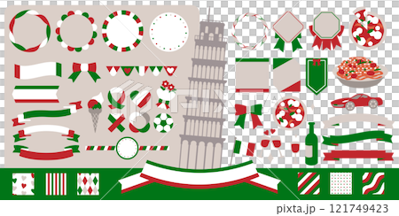 Leaning Tower of Pisa stylish Italian tricolor design frame vector illustration set 121749423