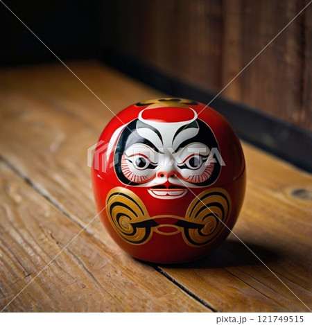 Traditional Japanese Daruma doll on a wooden surface.  121749515