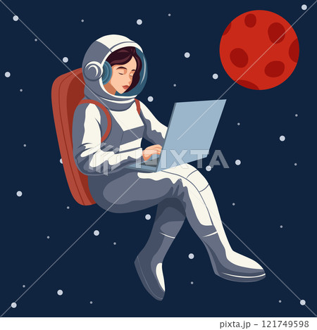 Woman astronaut with laptop with stars and red planet. Vector illustration of spacewoman in space. Freelance work. 121749598
