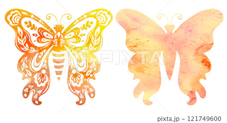Vector clipart set tracery watercolor butterflies. Collection of decorative yellow tracery flying insect with a floral ornament 121749600