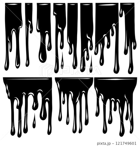 Set of black paint drips isolated from background. Melted ink. Monochrome silhouette collection pour liquid dye 121749601