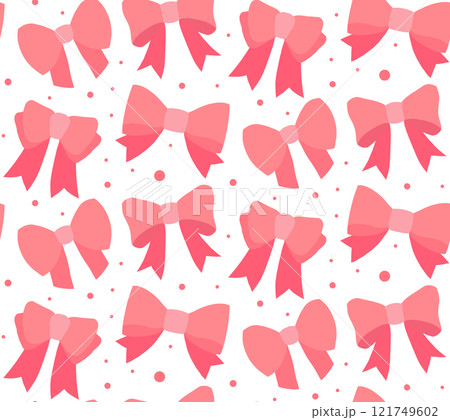 Seamless lovely vector pattern with pink ribbons and polka dots in a flat style on white background. Valentines girly texture. Feminine textile 121749602