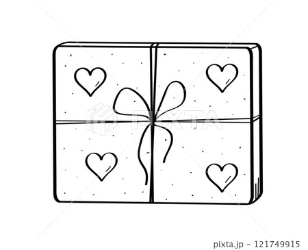 Gift box doodle icon with hearts. Vector illustration of Valentine's Day or wedding greeting card concept. 121749915