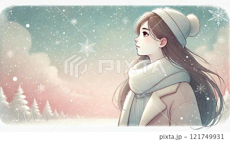 雪の降る空を見上げる女性 121749931