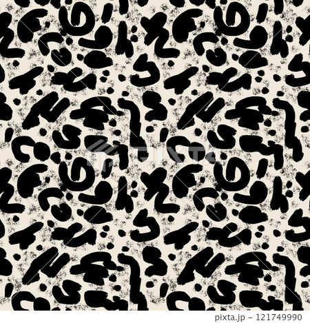 Seamless hand drawn beige brown abstract pattern. Monochrome geometric lines spirals dots curves. For modern minimalist decor wrapping paper textile wallpaper contemporary style. Midcentury modern 121749990
