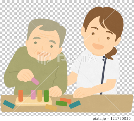 上肢の機能訓練をする人と作業療法士 121750030