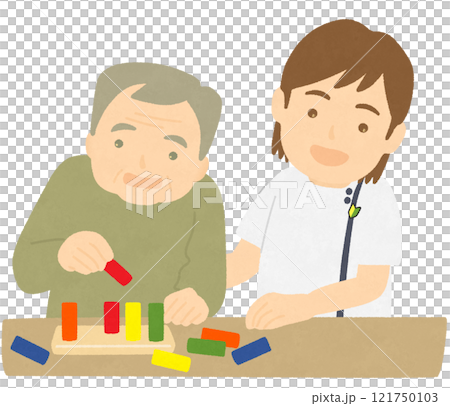 上肢の機能訓練をする人と作業療法士 121750103