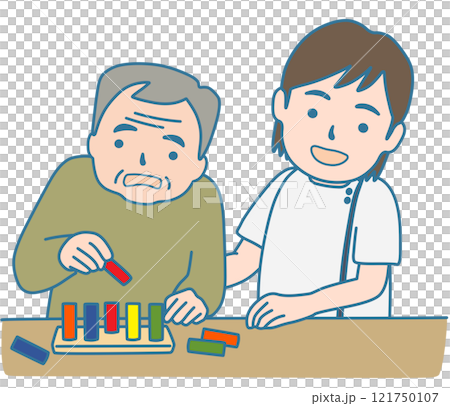 上肢の機能訓練をする人と作業療法士 121750107