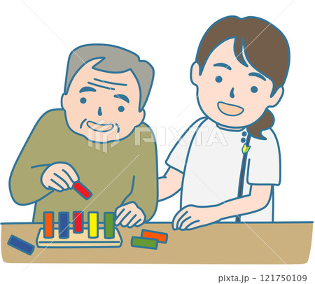 上肢の機能訓練をする人と作業療法士 121750109