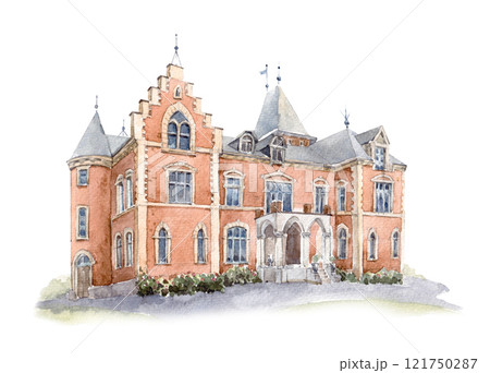 Watercolor illustration of old historical building. Vintage palace illustration. Ready clip art for your designs. 121750287