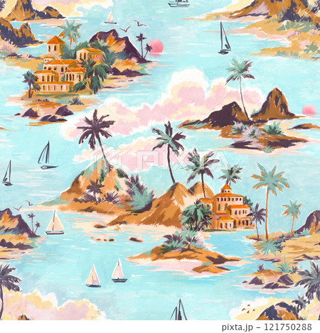 Beautiful tropical seamless pattern with hand drawn paradise islands with mountains and palm trees on beaches with ocean and clouds in sky. Ready tropical print design. 121750288