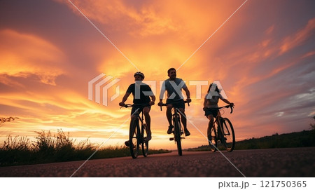 Cyclists Enjoying a Scenic Sunset Ride on a Rural Road. 121750365