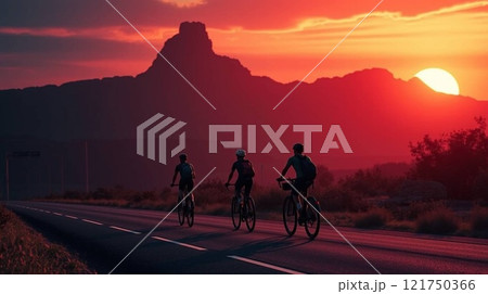 Cyclists Enjoying a Scenic Sunset Ride on a Rural Road. 121750366