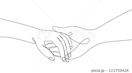 Continuous line drawing of a man s and woman hands holding each other, Continuous line drawing of a man s and woman hands holding each other, 121750426