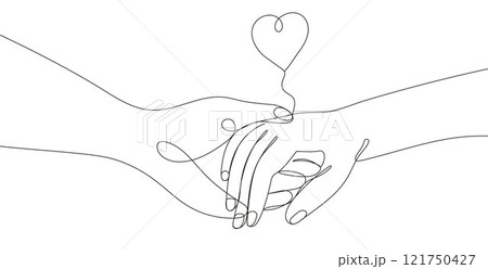 Continuous line drawing of a man s and woman hands holding each other, Continuous line drawing of a man s and woman hands holding each other, 121750427