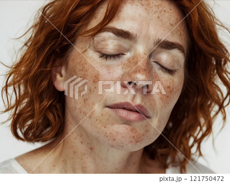 Portrait of middle aged caucasian woman of 40s with closed eyes and freckles 121750472